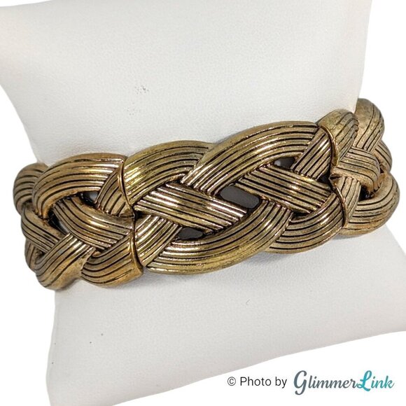 Braided Textured Gold Tone Stretch Bracelet - Picture 1 of 11